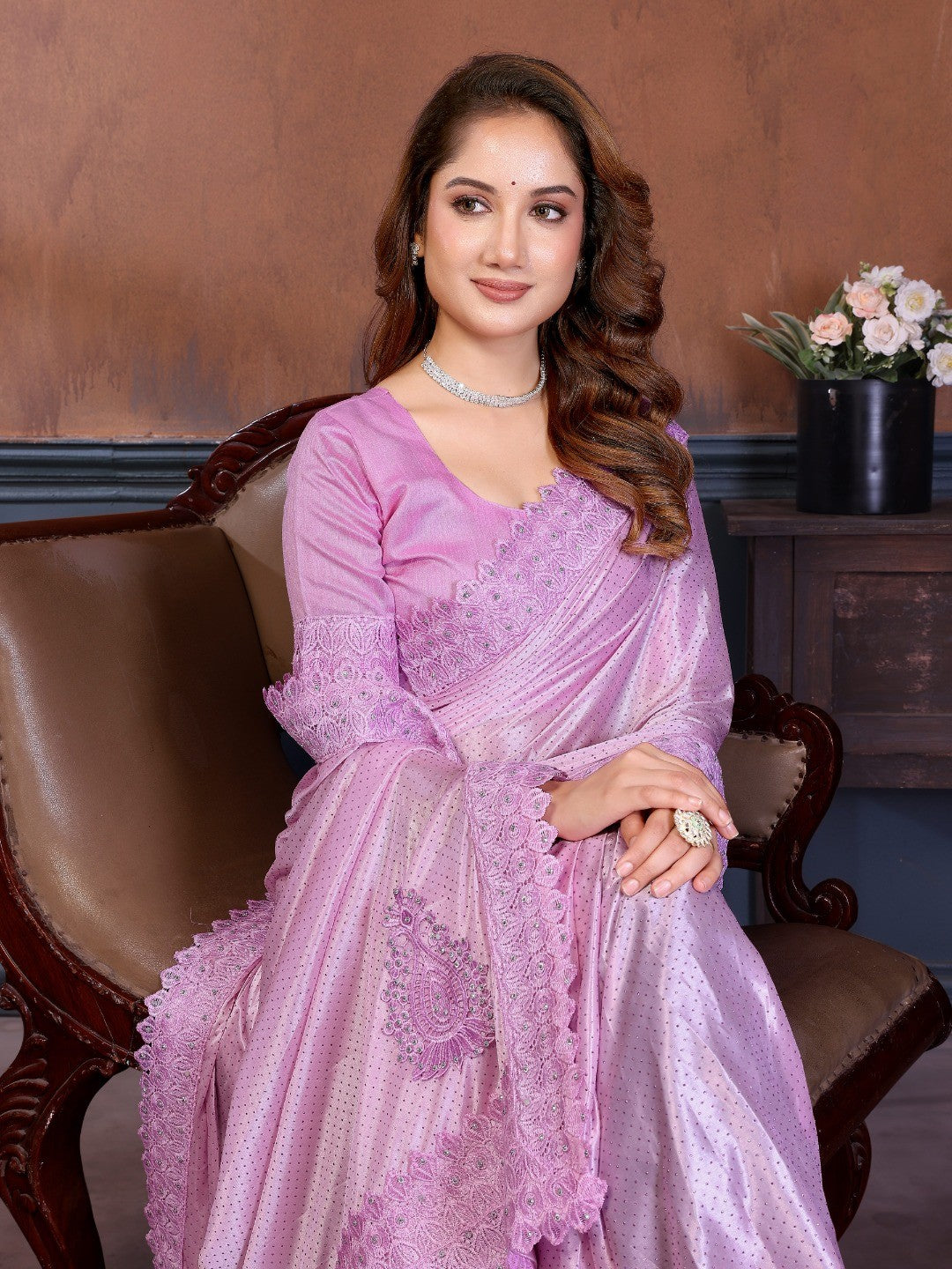 Elegant Pink Lycra Saree with Stone Embellishments & Patch Work - Image 3