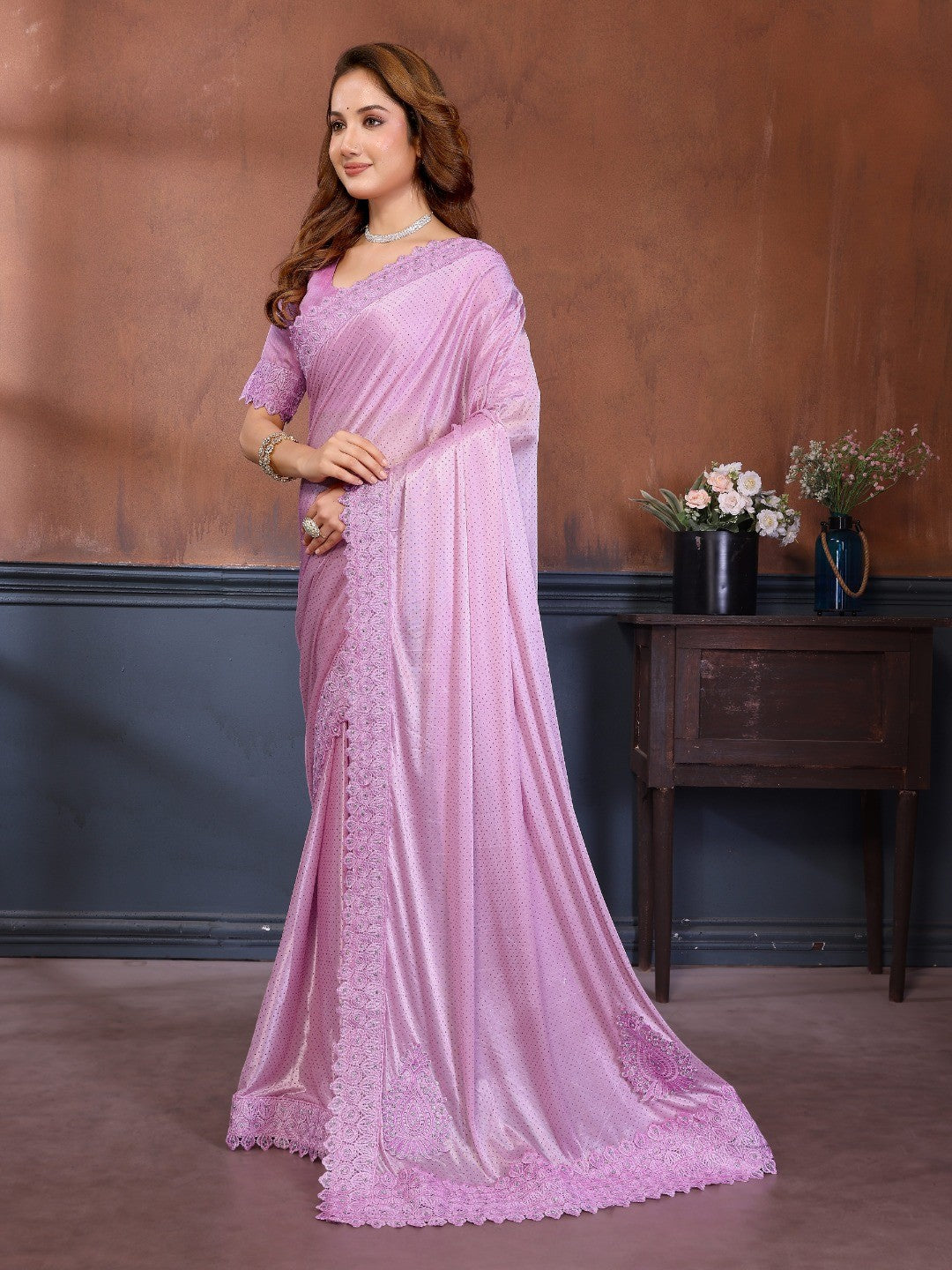 Elegant Pink Lycra Saree with Stone Embellishments & Patch Work - Image 2