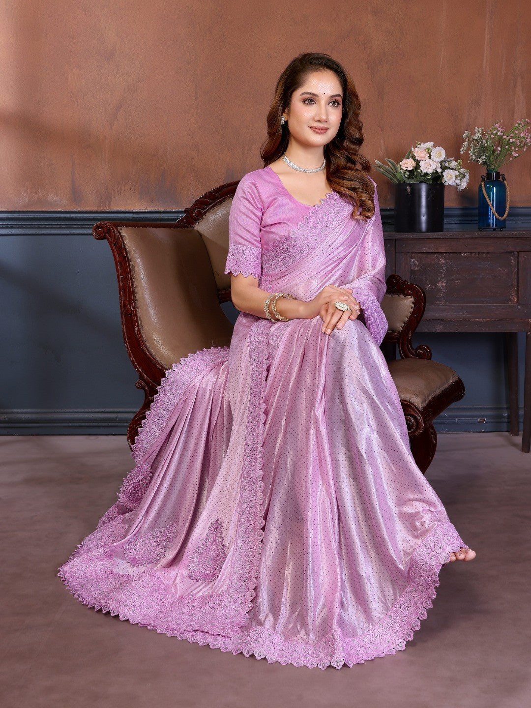 Elegant Pink Lycra Saree with Stone Embellishments & Patch Work - Image 4