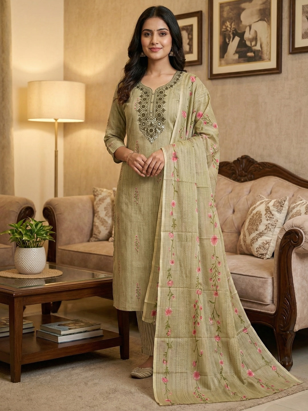 Emerald Green Floral Printed Cotton Blend Dress Material With Elegant Sequins Embroidery Work - Image 1