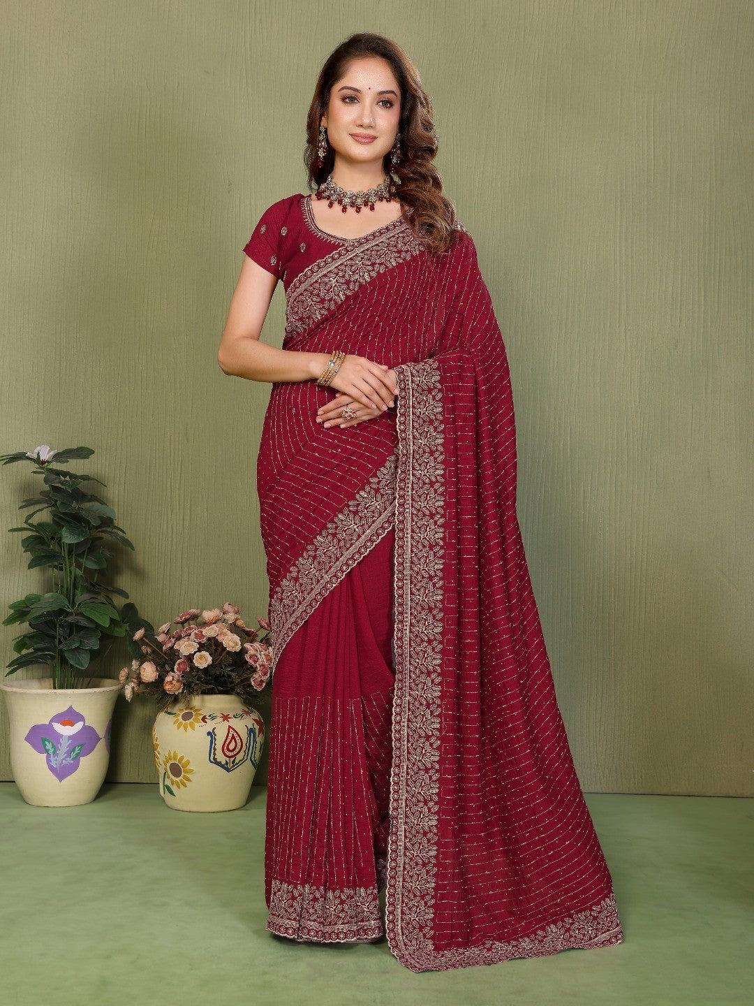 Elegant Maroon Stone & Embroidery Work Vichitra Silk Saree - Image 1