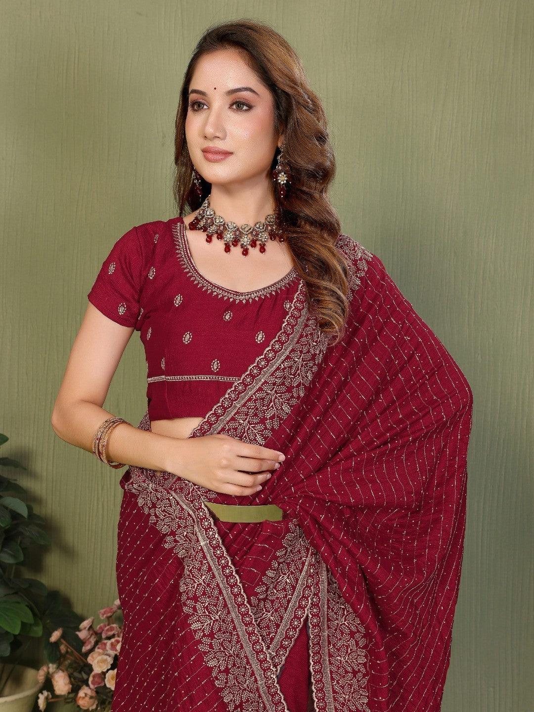 Elegant Maroon Stone & Embroidery Work Vichitra Silk Saree - Image 2