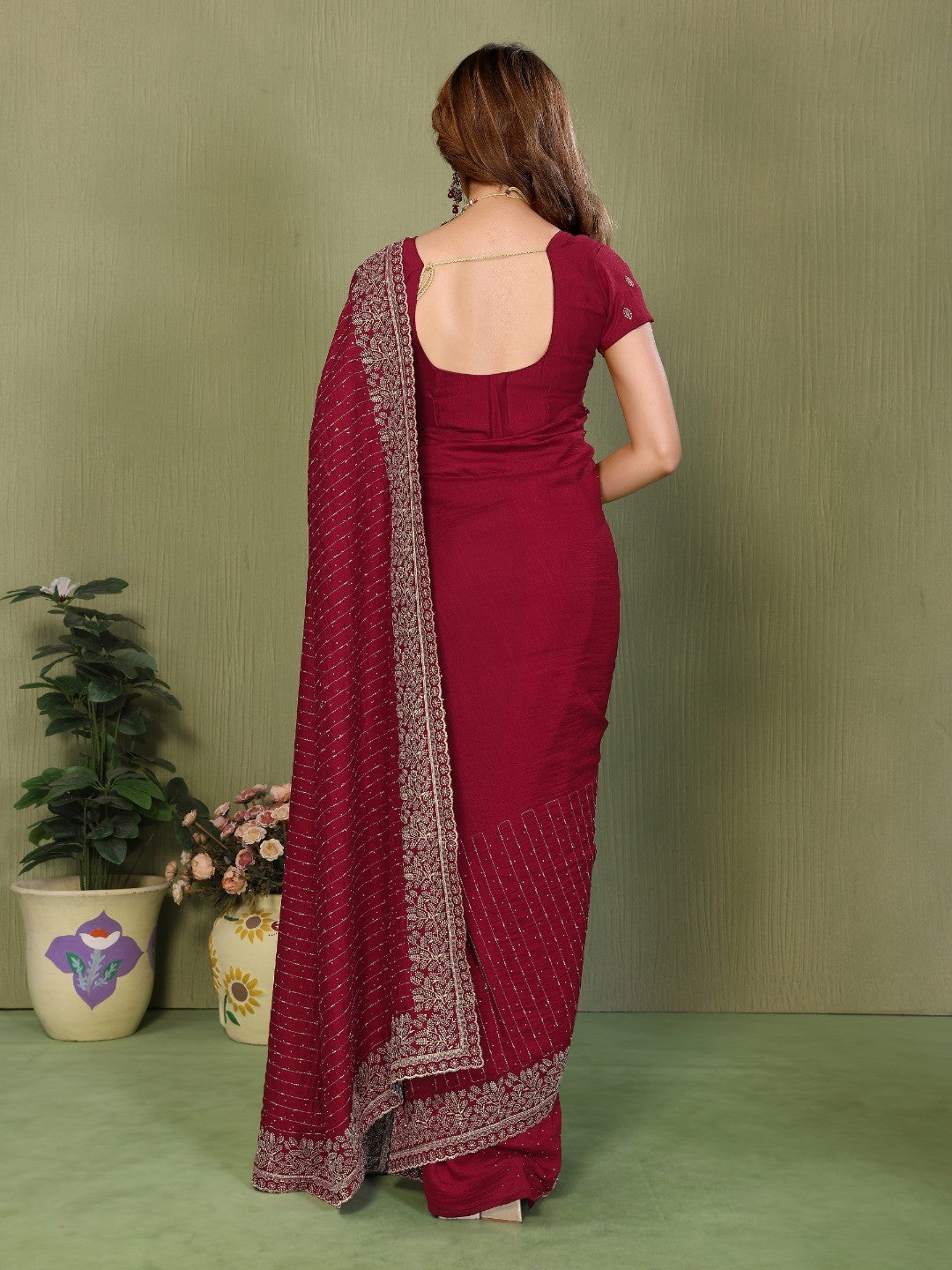 Elegant Maroon Stone & Embroidery Work Vichitra Silk Saree - Image 5