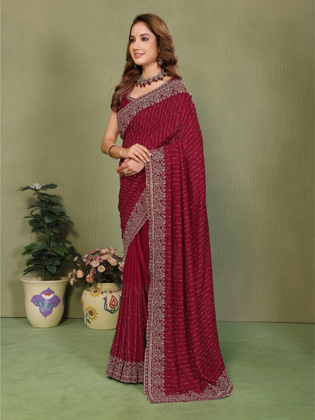 Elegant Maroon Stone & Embroidery Work Vichitra Silk Saree - Image 6