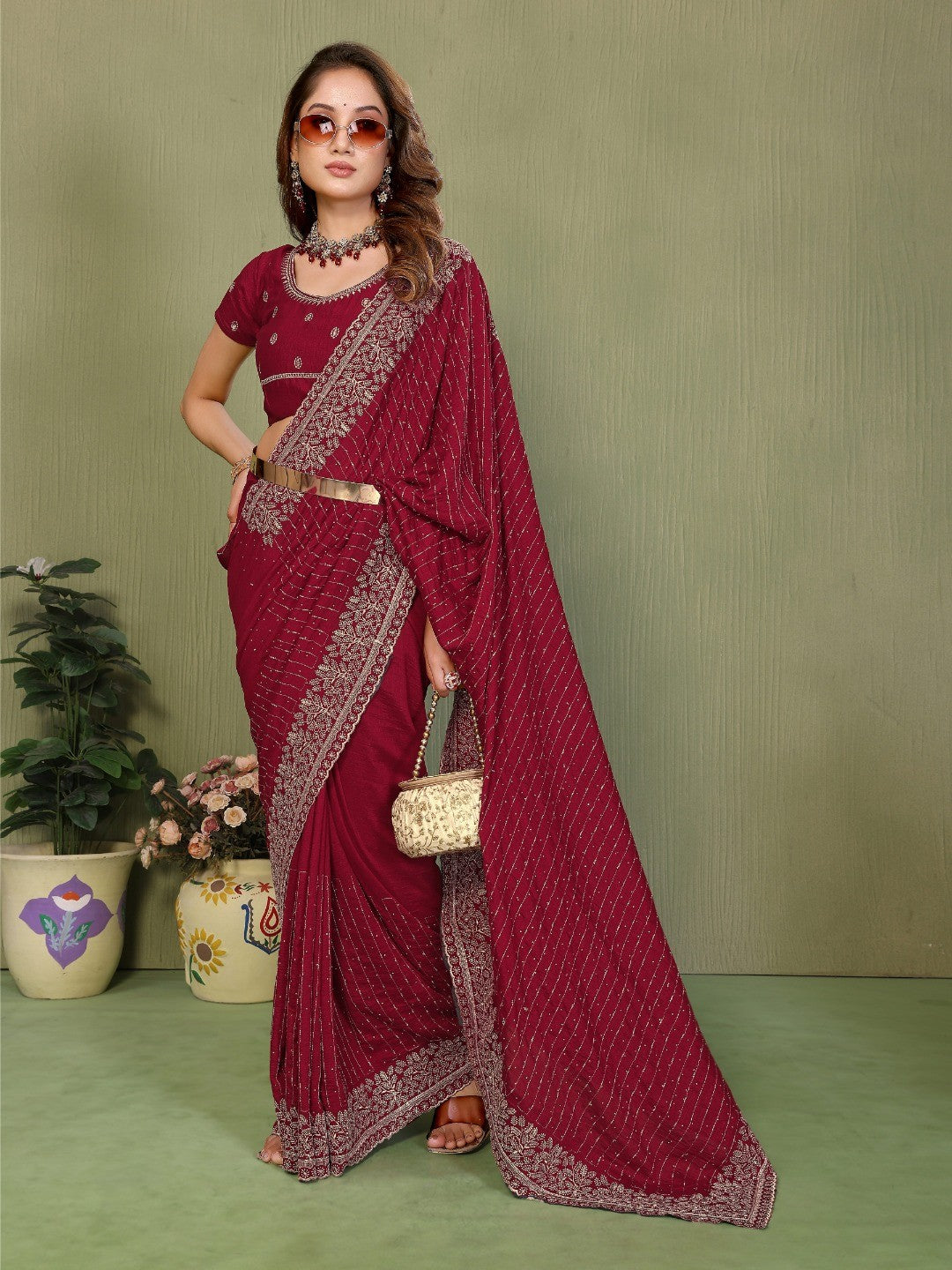 Elegant Maroon Stone & Embroidery Work Vichitra Silk Saree - Image 5