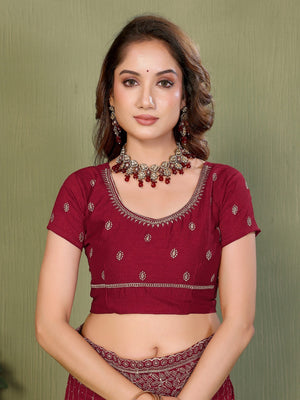 Elegant Maroon Stone & Embroidery Work Vichitra Silk Saree - Image 2