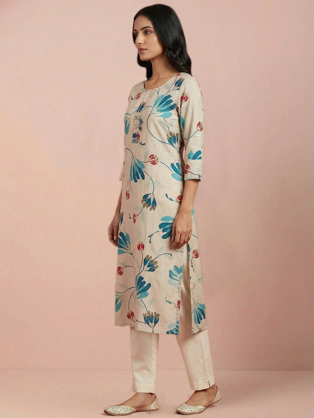 Casual Wear Cream & Turquoise Floral Printed Viscose Straight Fit Kurti with Soft Fabric Comfort - Image 4