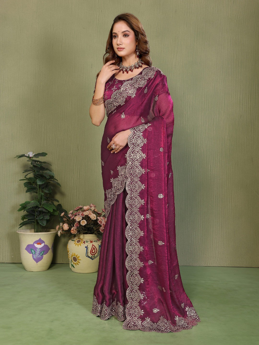 Wine Organza Chiffon Silk Saree with Sequins Work Embellishment - Image 3