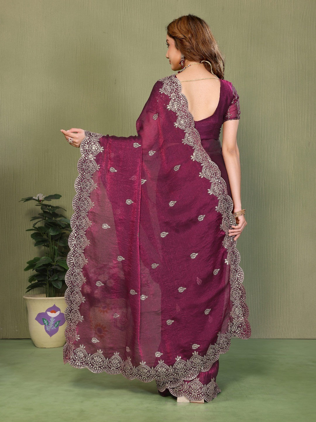 Wine Organza Chiffon Silk Saree with Sequins Work Embellishment - Image 3