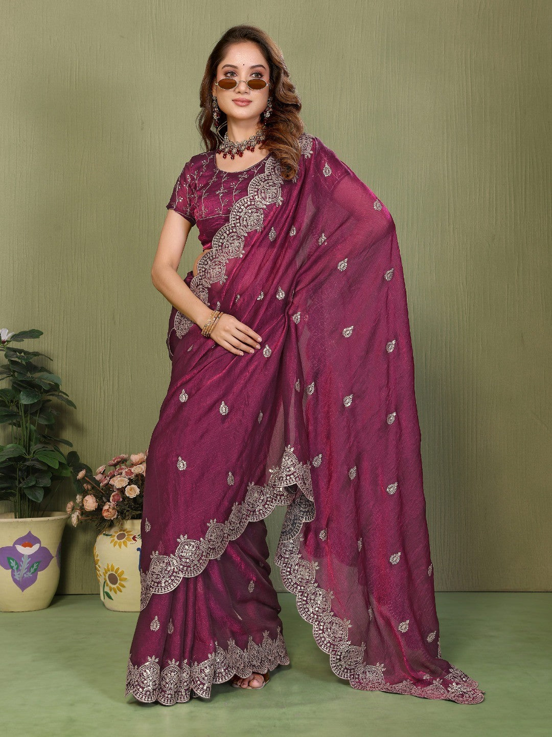 Wine Organza Chiffon Silk Saree with Sequins Work Embellishment - Image 4