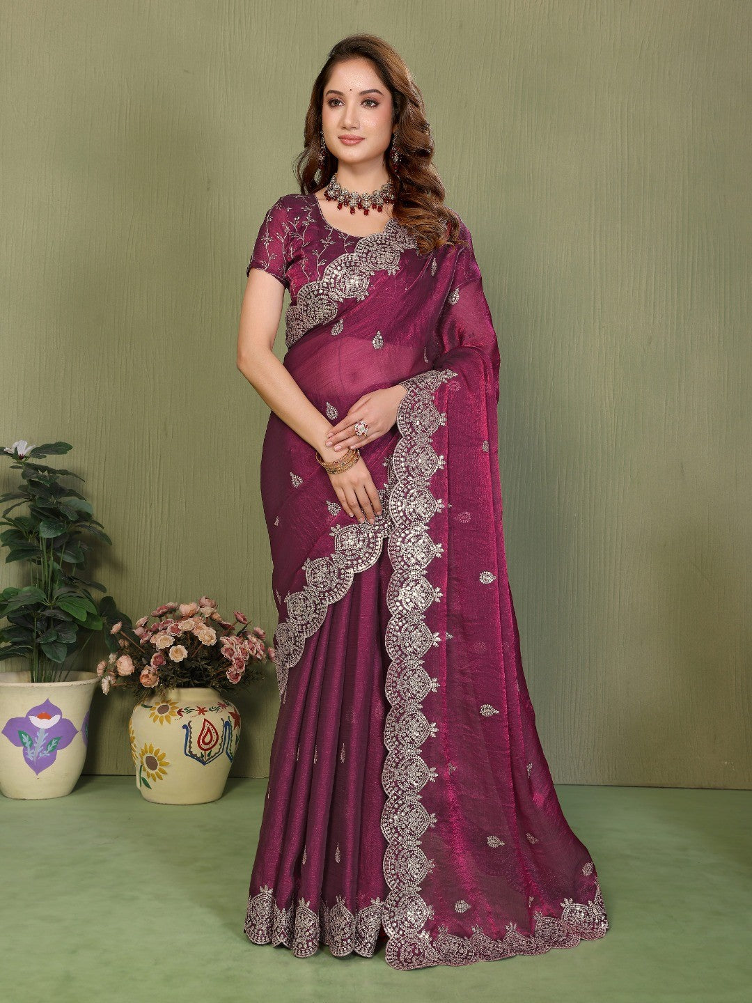 Wine Organza Chiffon Silk Saree with Sequins Work Embellishment - Image 1