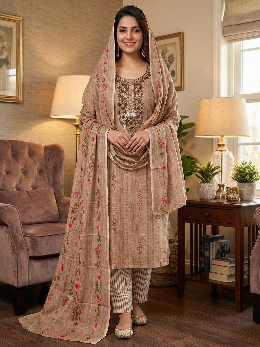 Emerald Brown Floral Printed Cotton Blend Dress Material With Elegant Sequins Embroidery Work - Image 2