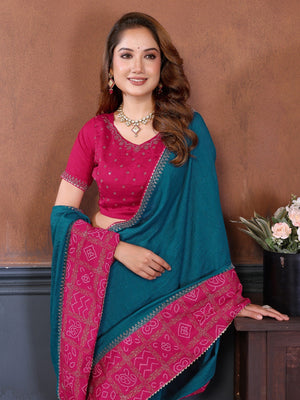 Morpich Blue Vichitra Silk Saree with Vibrant Pink Bandhani Border and Graceful Drape Finish - Image 2