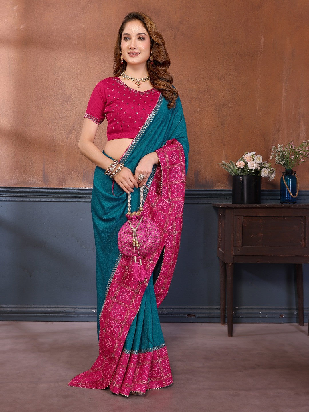 Morpich Blue Vichitra Silk Saree with Vibrant Pink Bandhani Border and Graceful Drape Finish - Image 3
