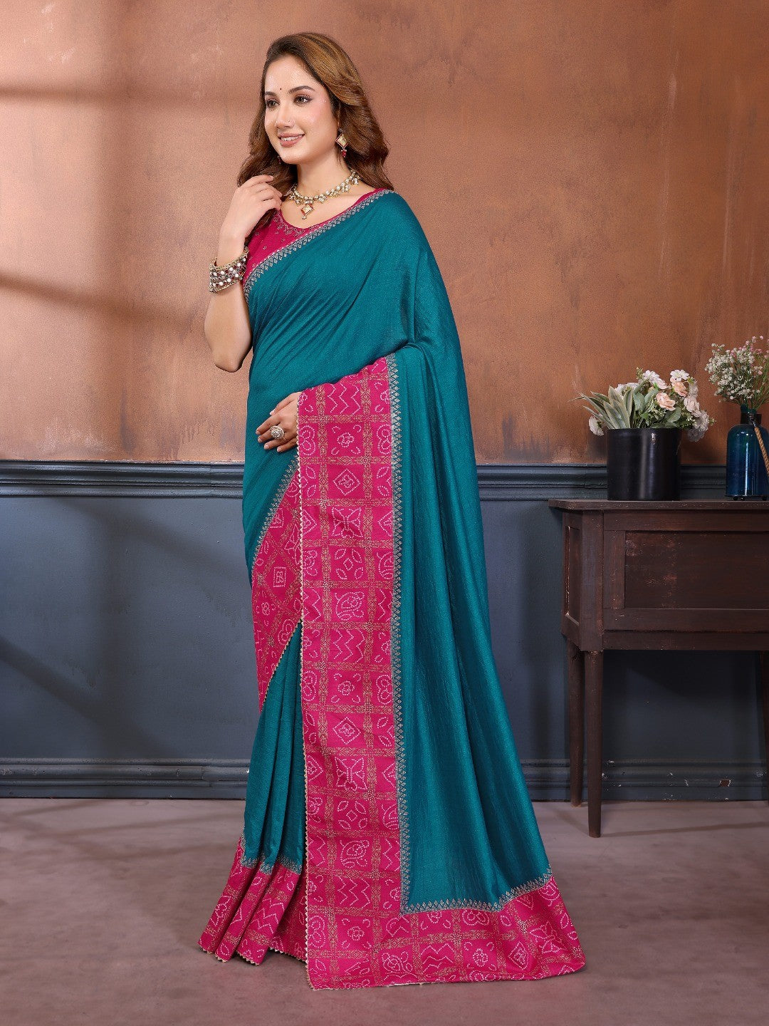Morpich Blue Vichitra Silk Saree with Vibrant Pink Bandhani Border and Graceful Drape Finish - Image 2