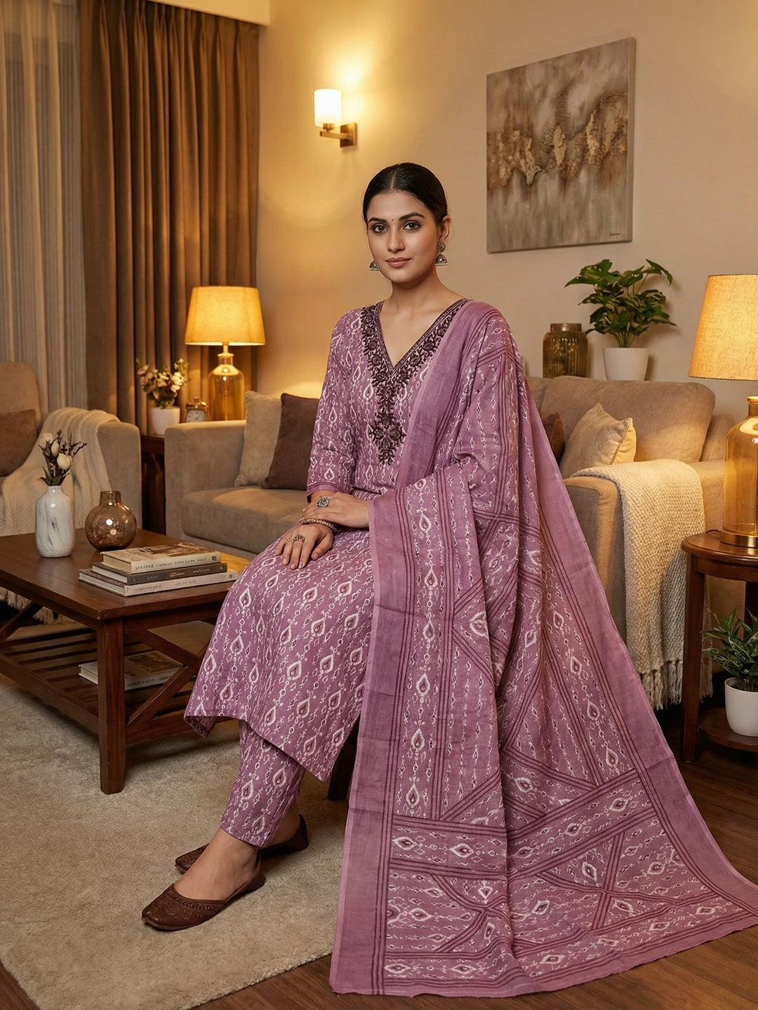 Classic Mauve Ikkat Printed Cotton Blend Dress Material With Elegant Sequins Embroidery Work On Neck - Image 1