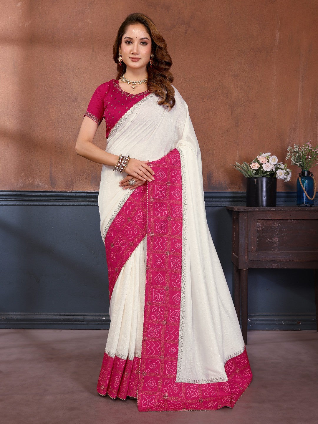 White Vichitra Silk Saree with Vibrant Pink Bandhani Border and Graceful Drape Finish - Image 1