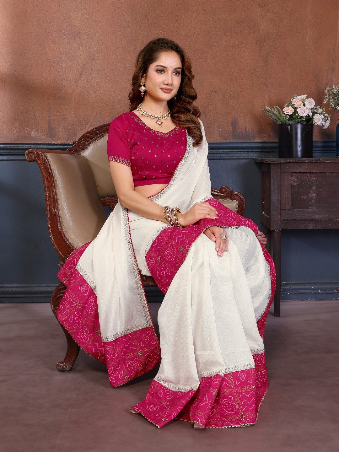 White Vichitra Silk Saree with Vibrant Pink Bandhani Border and Graceful Drape Finish - Image 4