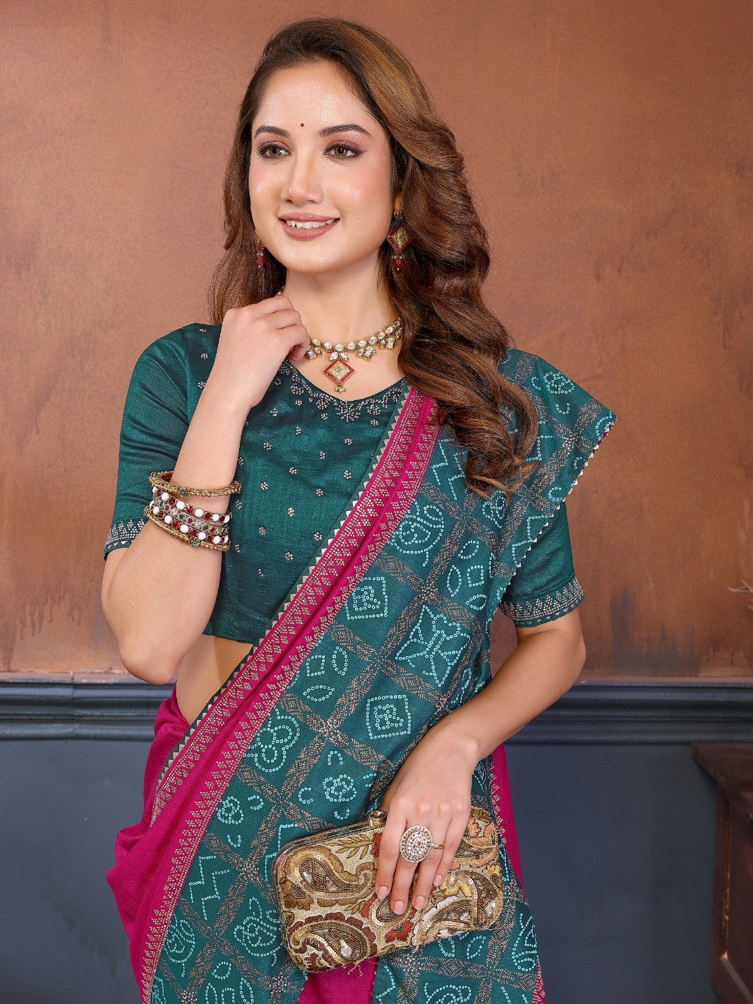 Rani Pink Vichitra Silk Saree with Vibrant Pink Bandhani Border and Graceful Drape Finish - Image 2