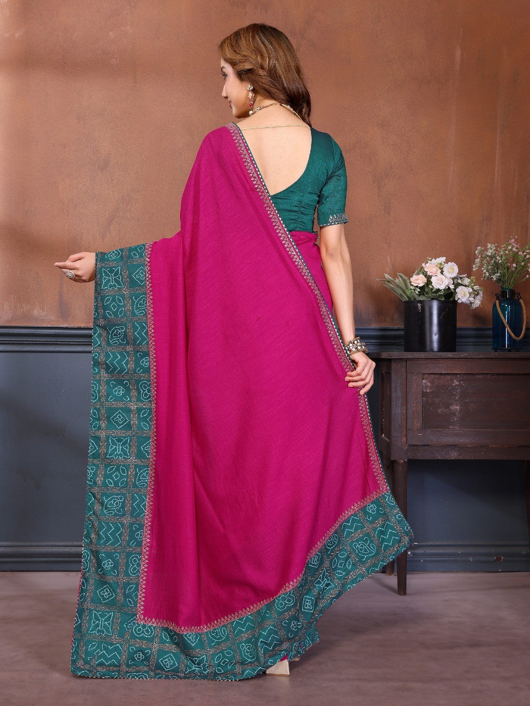 Rani Pink Vichitra Silk Saree with Vibrant Pink Bandhani Border and Graceful Drape Finish - Image 3