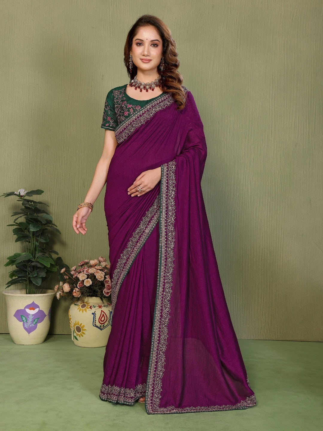 Wine Vichitra Silk Party Wear Saree Featuring Detailed Stone Work and Rich Elegant Finish - Image 1