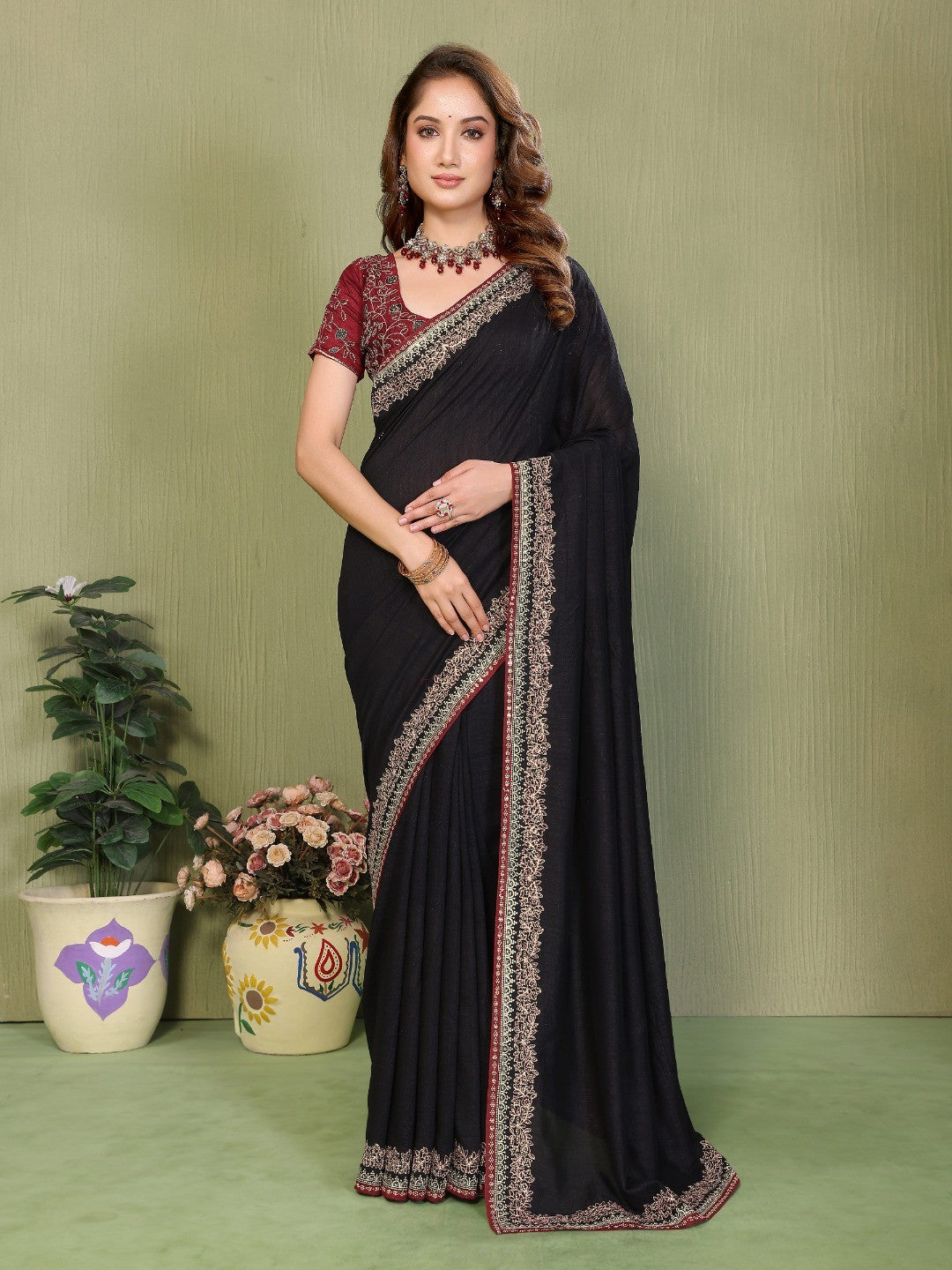 Black Vichitra Silk Party Wear Saree Featuring Detailed Stone Work and Rich Elegant Finish - Image 1