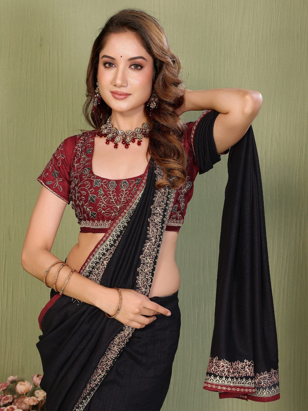Black Vichitra Silk Party Wear Saree Featuring Detailed Stone Work and Rich Elegant Finish - Image 2