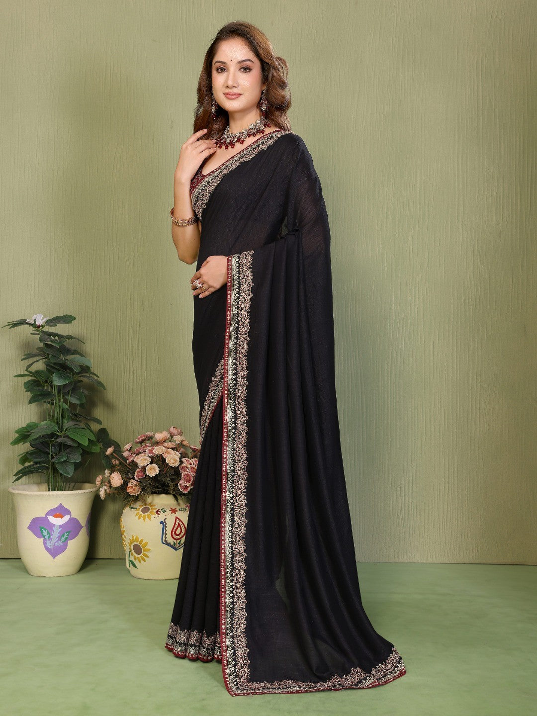 Black Vichitra Silk Party Wear Saree Featuring Detailed Stone Work and Rich Elegant Finish - Image 3