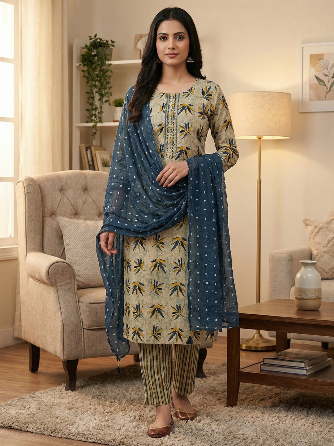 Grey Leaf Printed Pure Cotton Dress Material With Hand Floral Embroidered Neckline - Image 2