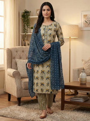 Grey Leaf Printed Pure Cotton Dress Material With Hand Floral Embroidered Neckline - Image 2