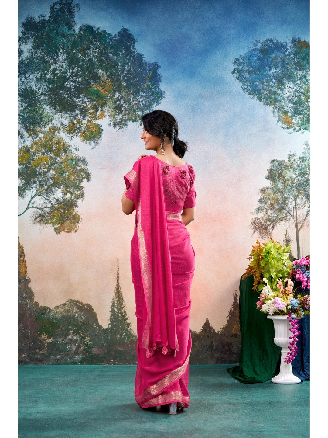 Pink Chinon Saree Featuring Classic Golden Zari Border with Smooth Solid Finish - Image 3