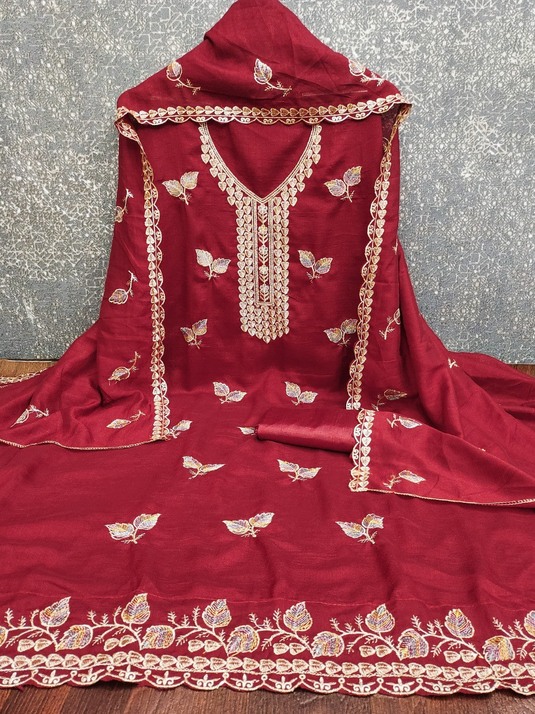 Premium Maroon Leaf Embroidery Vichitra Silk Dress Material With Rich Textured Finish - Image 2