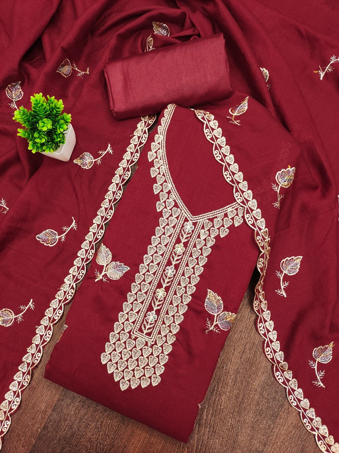 Premium Maroon Leaf Embroidery Vichitra Silk Dress Material With Rich Textured Finish - Image 1