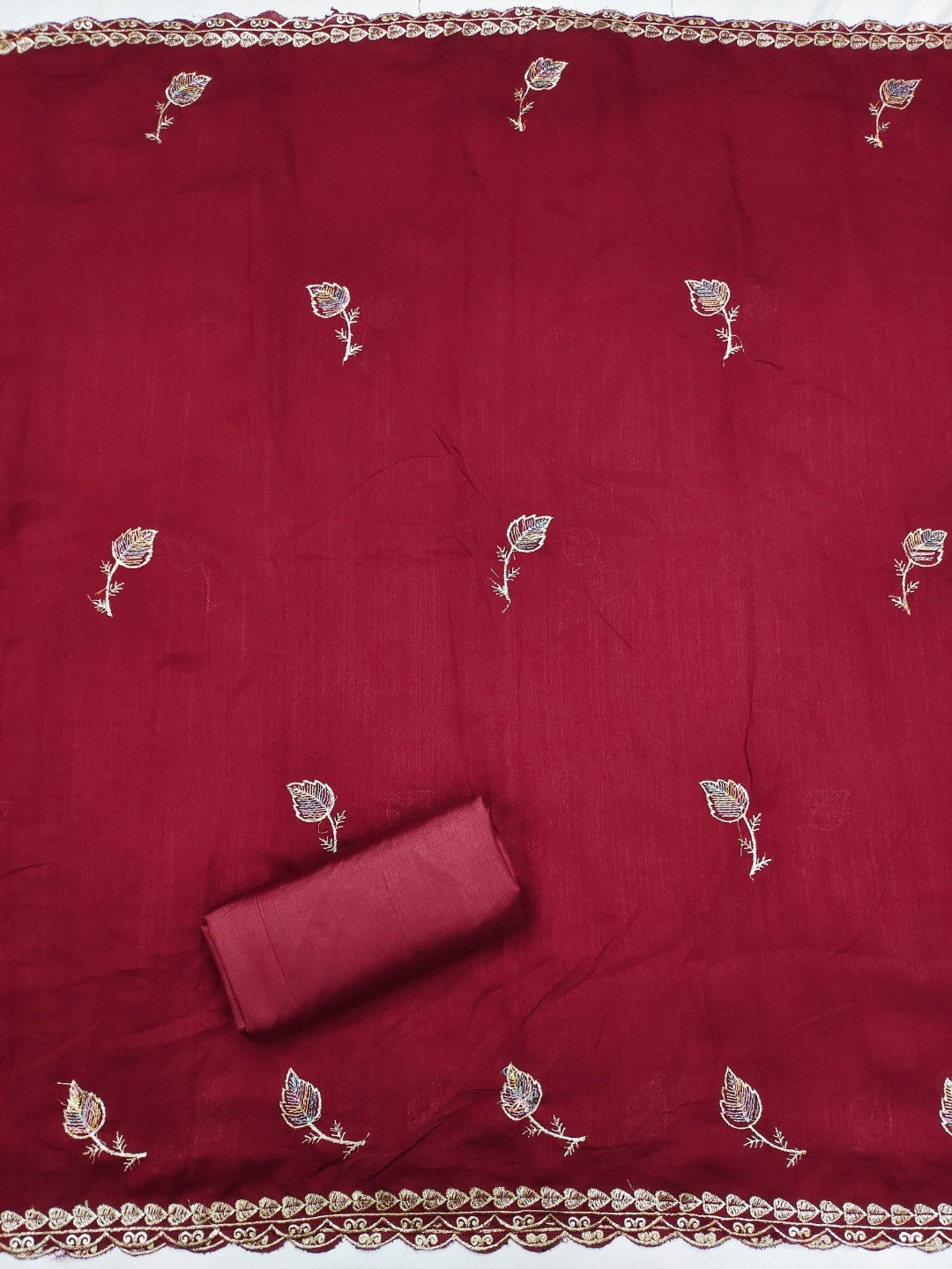Premium Maroon Leaf Embroidery Vichitra Silk Dress Material With Rich Textured Finish - Image 5