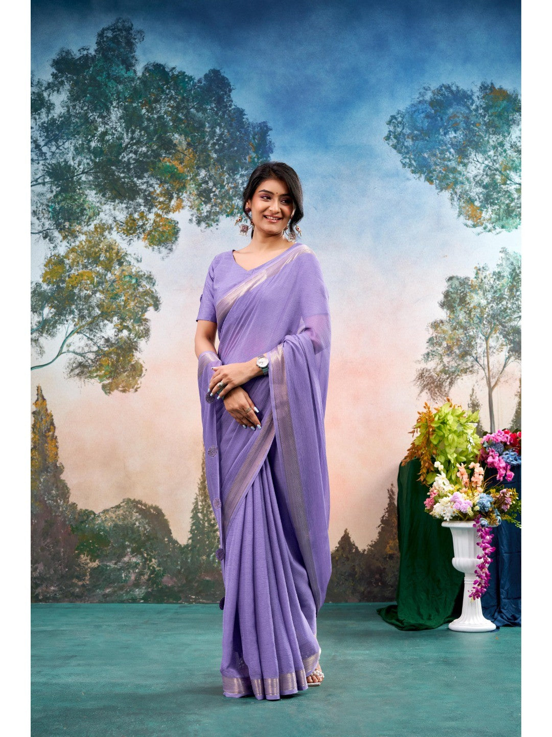 Lavender Chinon Saree Featuring Classic Golden Zari Border with Smooth Solid Finish - Image 1