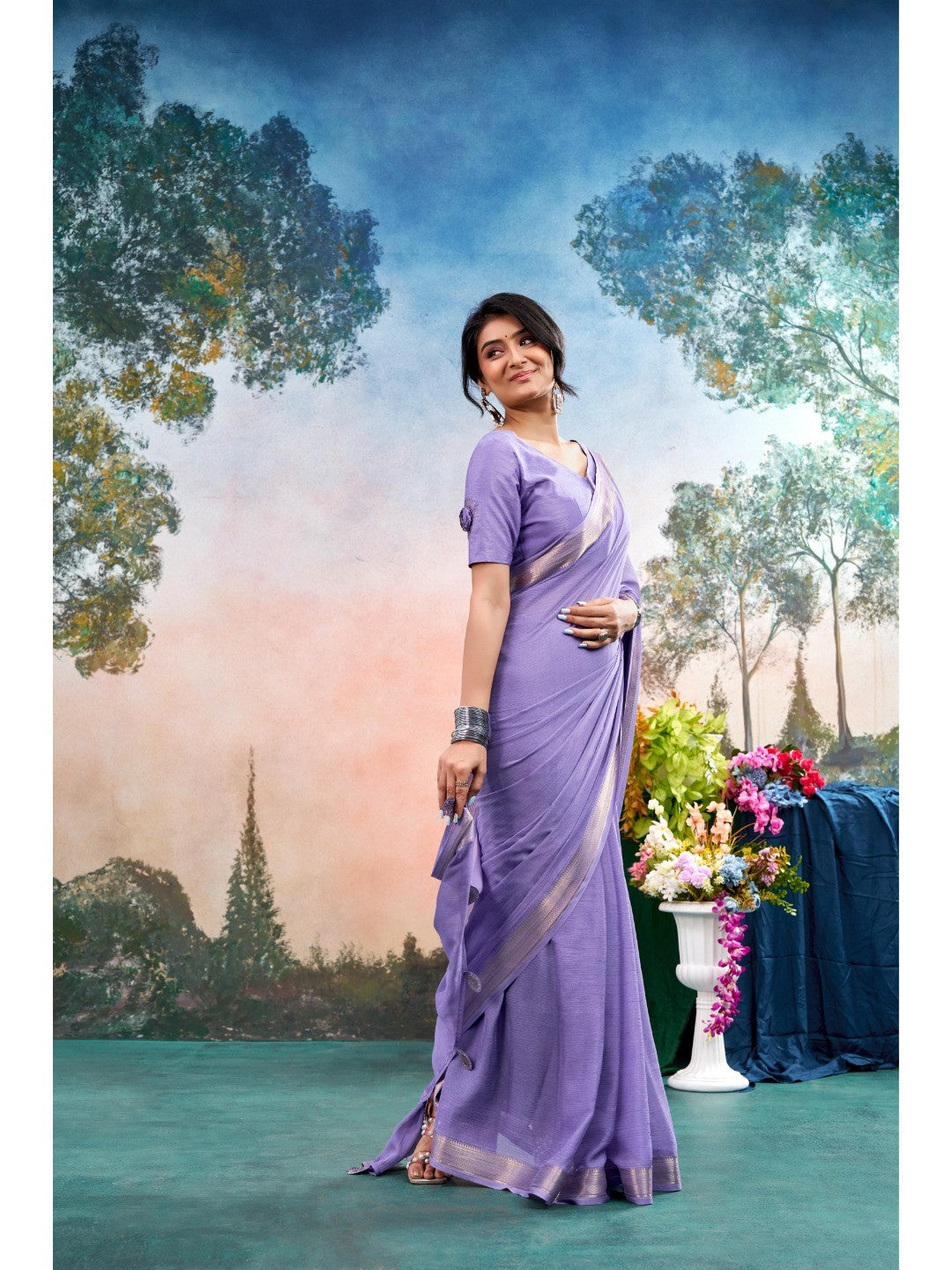 Lavender Chinon Saree Featuring Classic Golden Zari Border with Smooth Solid Finish - Image 3