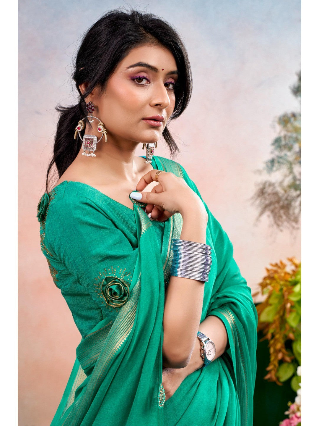 Emerald Green Chinon Saree Featuring Classic Golden Zari Border with Smooth Solid Finish - Image 2
