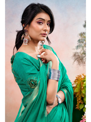 Emerald Green Chinon Saree Featuring Classic Golden Zari Border with Smooth Solid Finish - Image 2