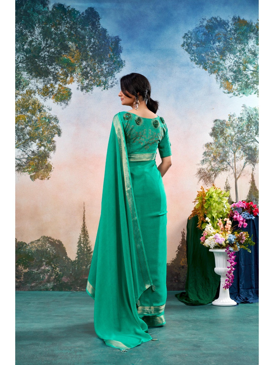 Emerald Green Chinon Saree Featuring Classic Golden Zari Border with Smooth Solid Finish - Image 3