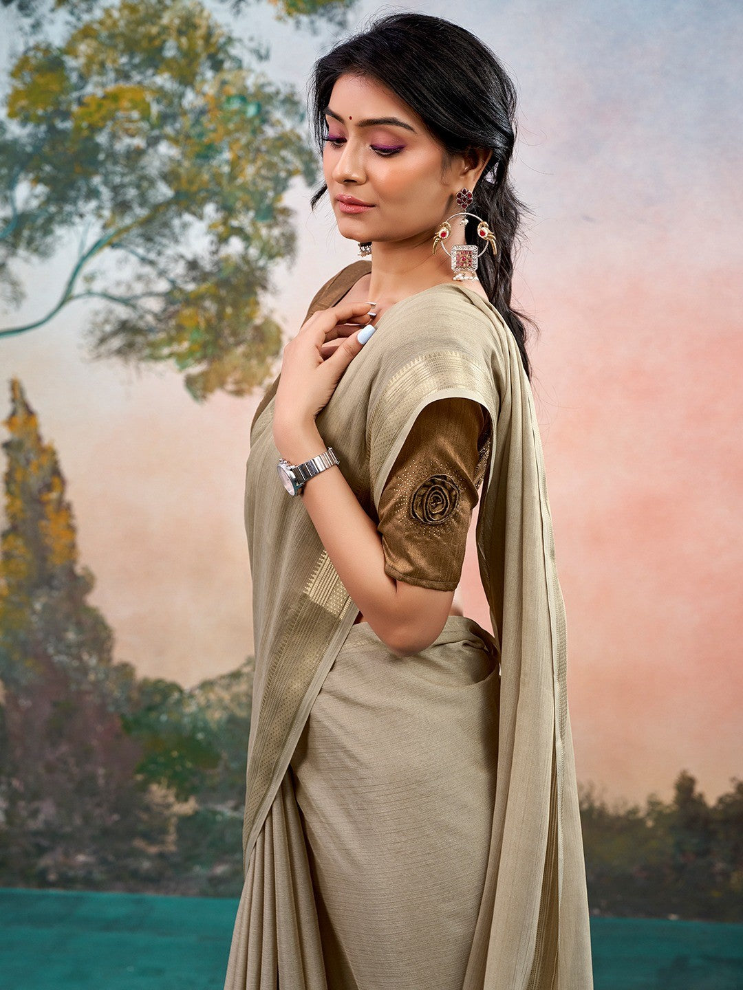 Beige Chinon Saree Featuring Classic Golden Zari Border with Smooth Solid Finish - Image 4