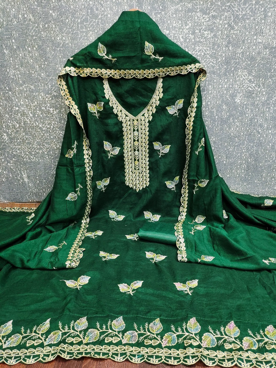 Premium Green Leaf Embroidery Vichitra Silk Dress Material With Rich Textured Finish - Image 4