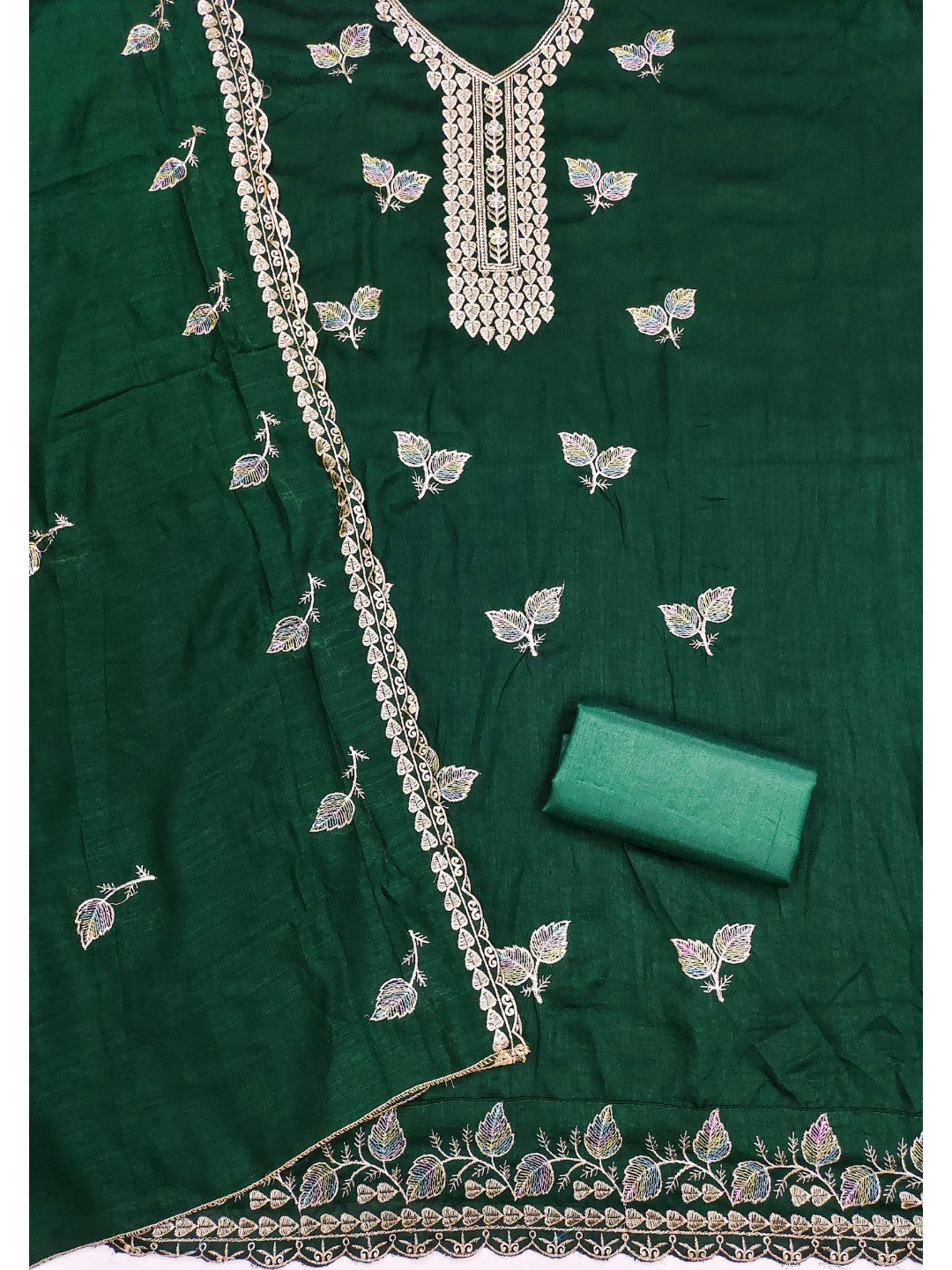 Premium Green Leaf Embroidery Vichitra Silk Dress Material With Rich Textured Finish - Image 5