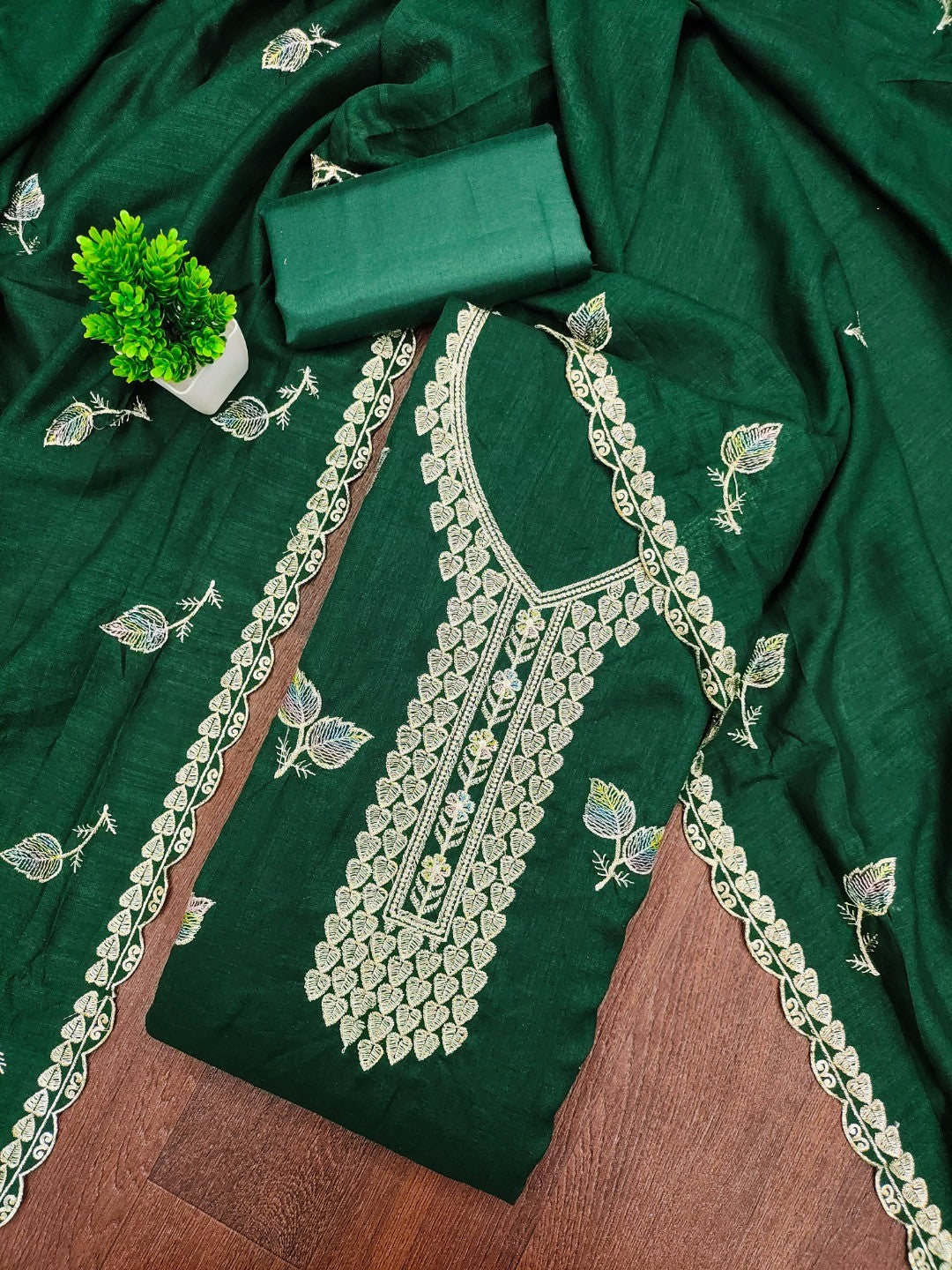 Premium Green Leaf Embroidery Vichitra Silk Dress Material With Rich Textured Finish - Image 1