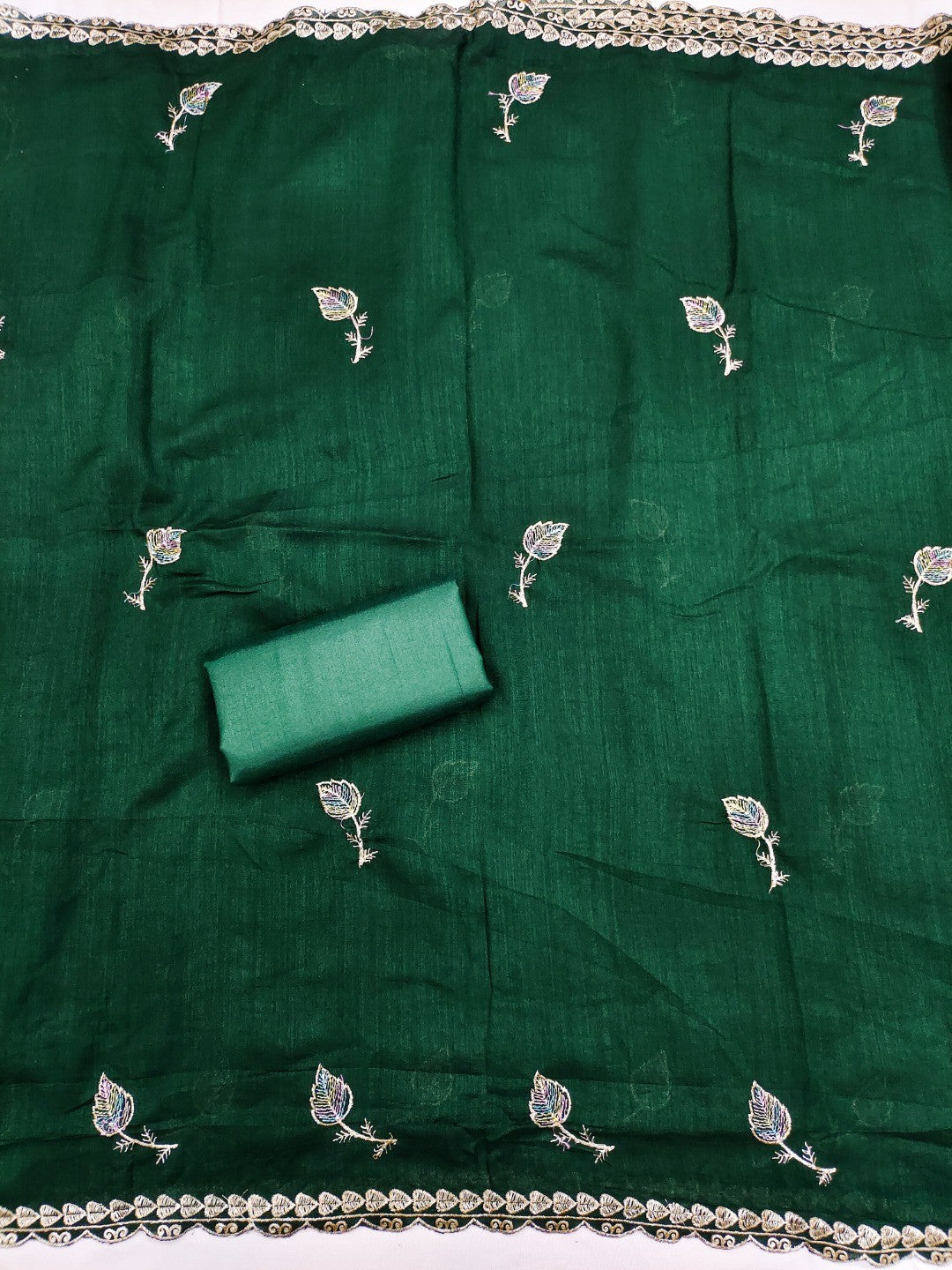 Premium Green Leaf Embroidery Vichitra Silk Dress Material With Rich Textured Finish - Image 3