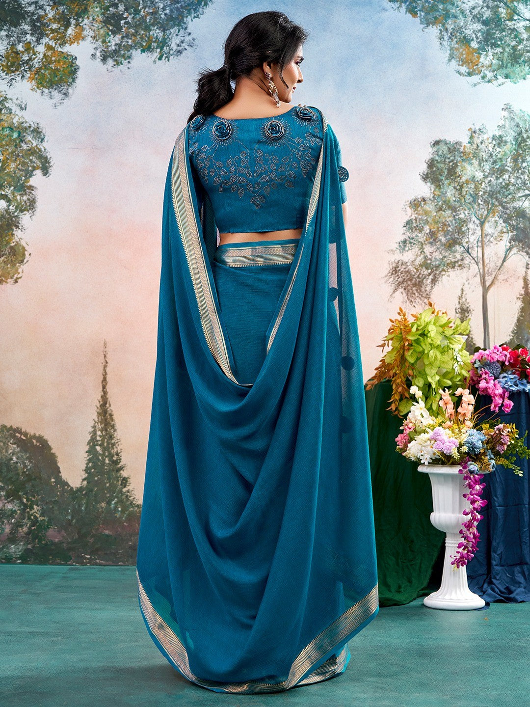 Blue Chinon Saree Featuring Classic Golden Zari Border with Smooth Solid Finish - Image 2