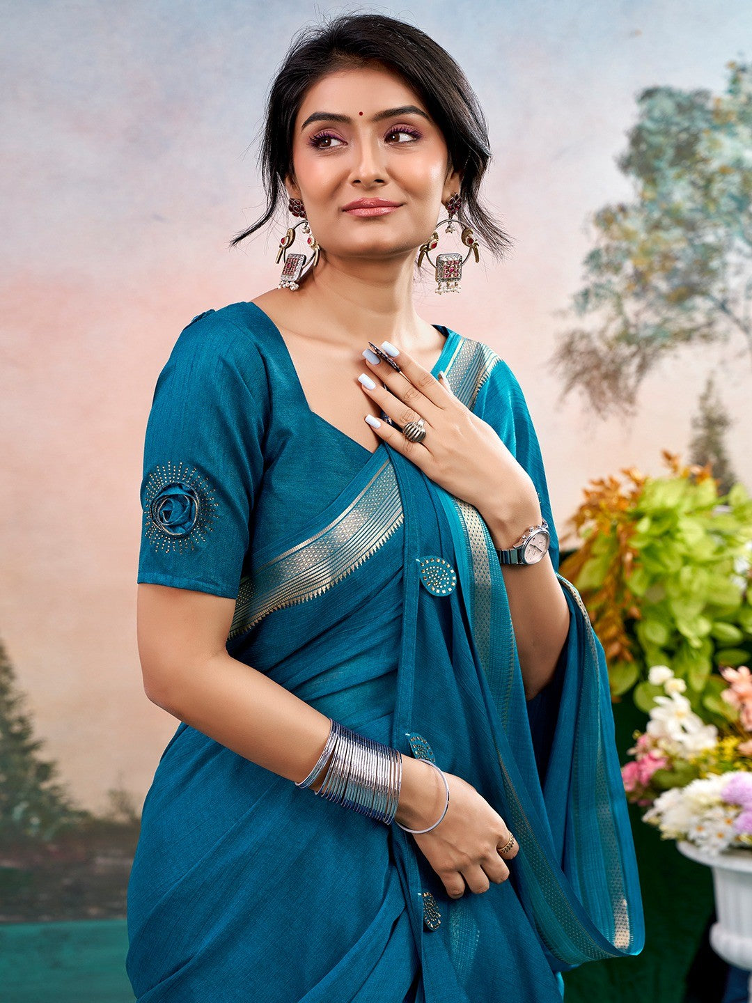 Blue Chinon Saree Featuring Classic Golden Zari Border with Smooth Solid Finish - Image 3