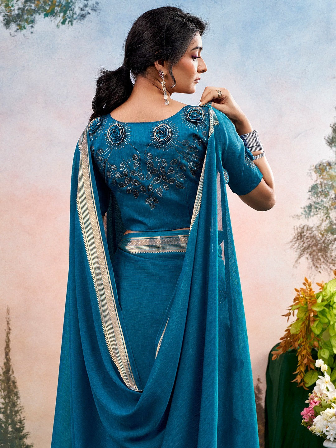 Blue Chinon Saree Featuring Classic Golden Zari Border with Smooth Solid Finish - Image 4