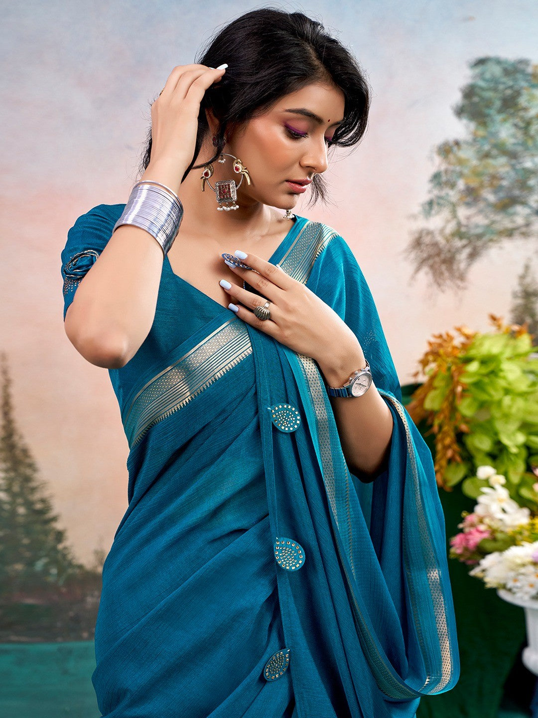 Blue Chinon Saree Featuring Classic Golden Zari Border with Smooth Solid Finish - Image 5