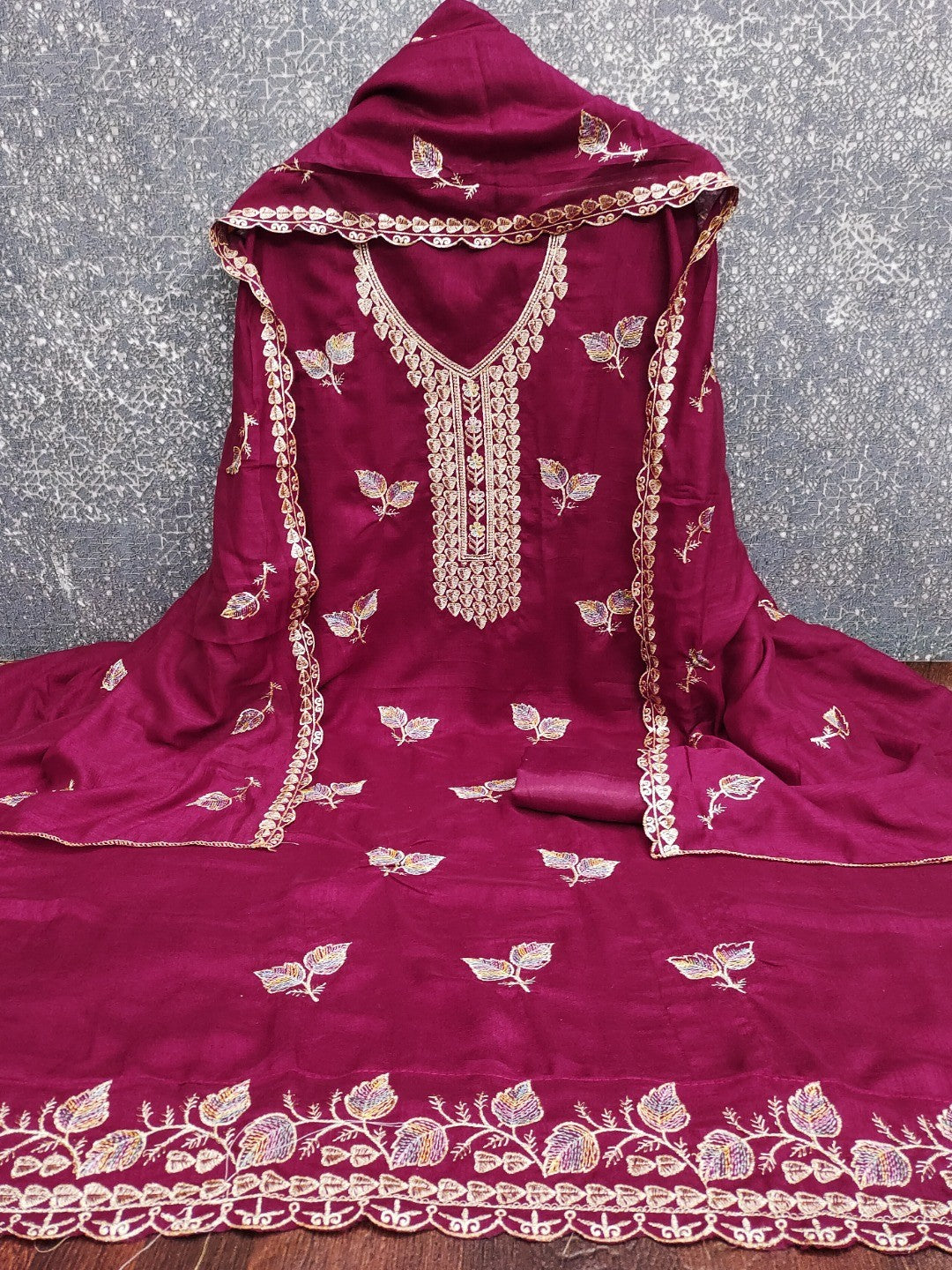 Premium Pink Leaf Embroidery Vichitra Silk Dress Material With Rich Textured Finish - Image 4