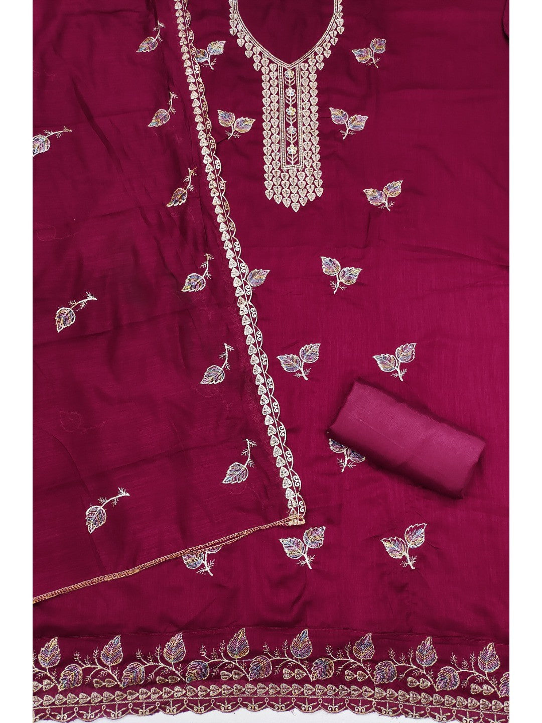 Premium Pink Leaf Embroidery Vichitra Silk Dress Material With Rich Textured Finish - Image 3